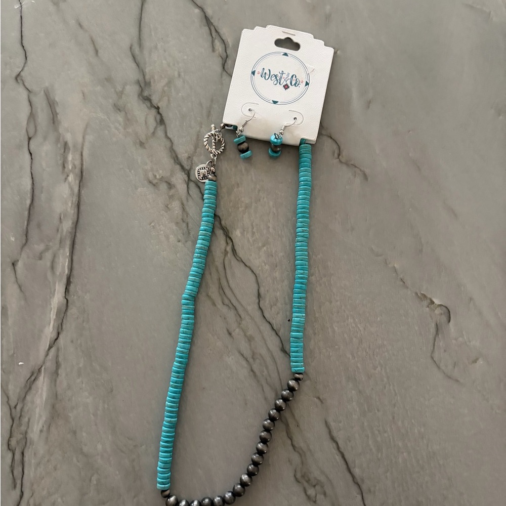 Faux Turquoise and Navajo Pearls Necklace and Earrings Set